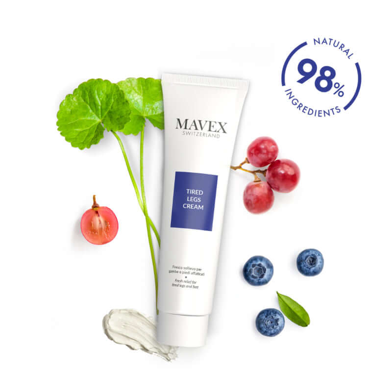 Mavex Tired Legs Cream with natural ingredients, effective for relieving tired and heavy legs, 100 ml tube.