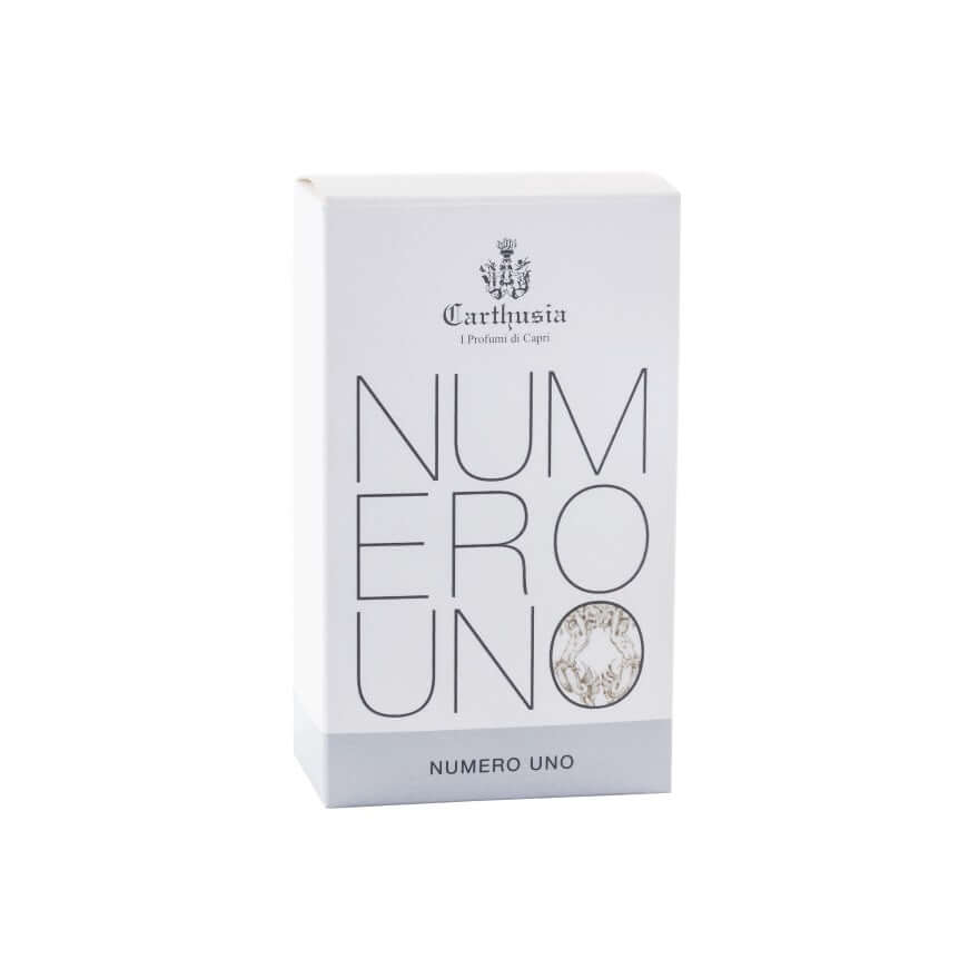 Numero Uno Eau De Parfum box by Carthusia, featuring elegant design and branding, ideal for the Mediterranean man.