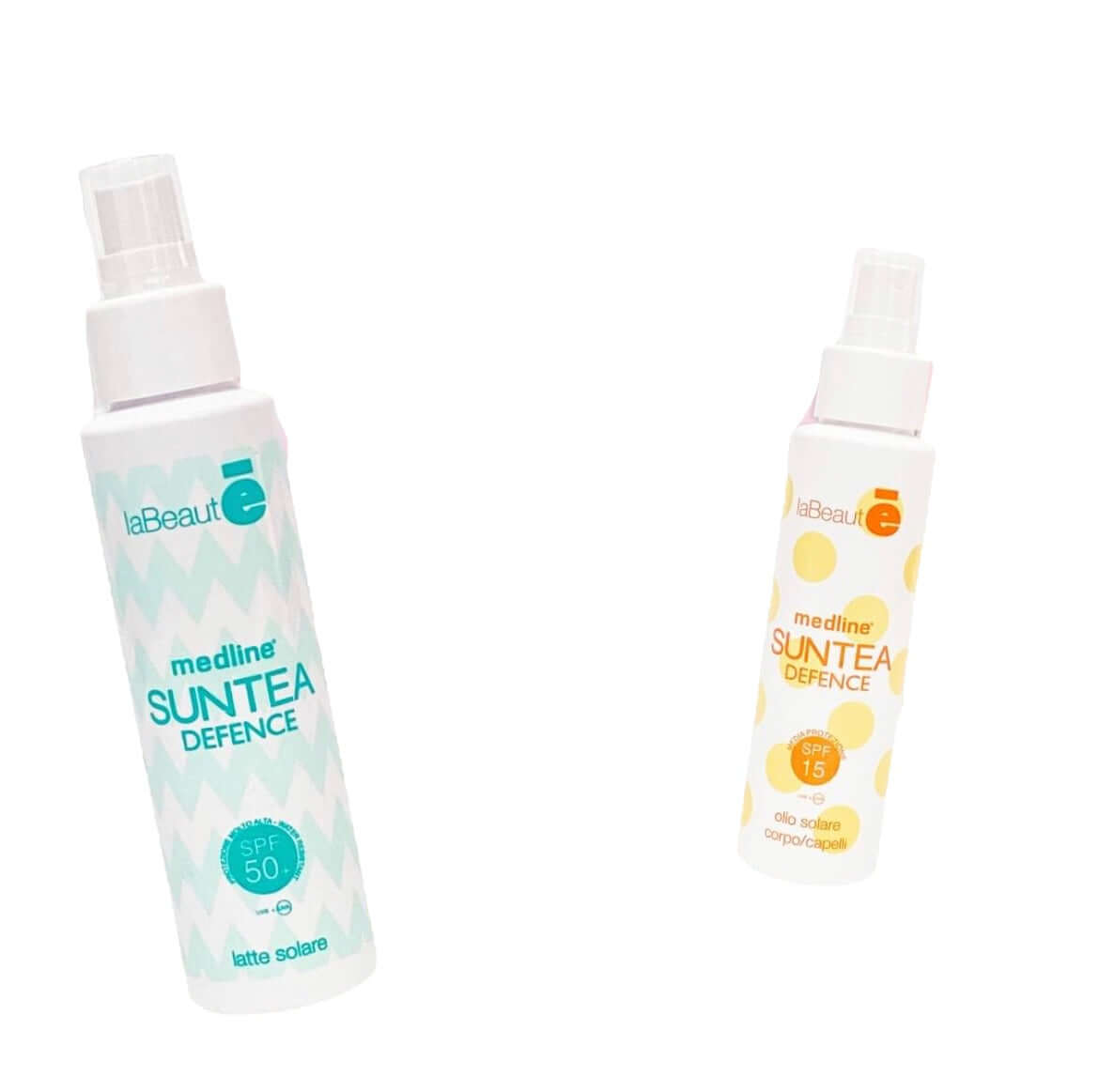 Two bottles of laBeauté sun protection spray: SPF 50 and SPF 15 for body and hair protection.