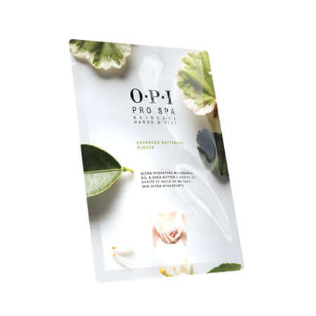 Opi Pro Spa Advanced Softening Gloves, infused with vitamin E, macadamia oil, and shea butter for dry hands.