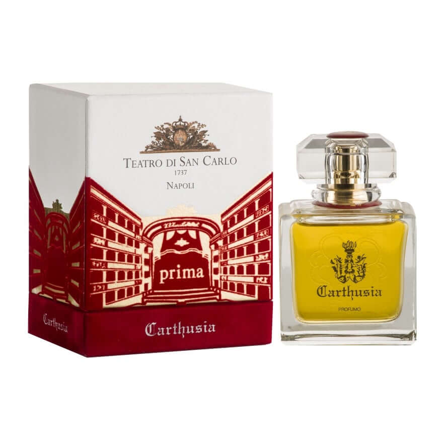 Prima Teatro di San Carlo perfume by Carthusia in a yellow bottle with elegant packaging.