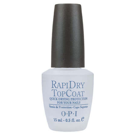 RapidDry Top Coat nail polish, quick drying, long-lasting shine, 15 ml, prevents smudges and streaks.