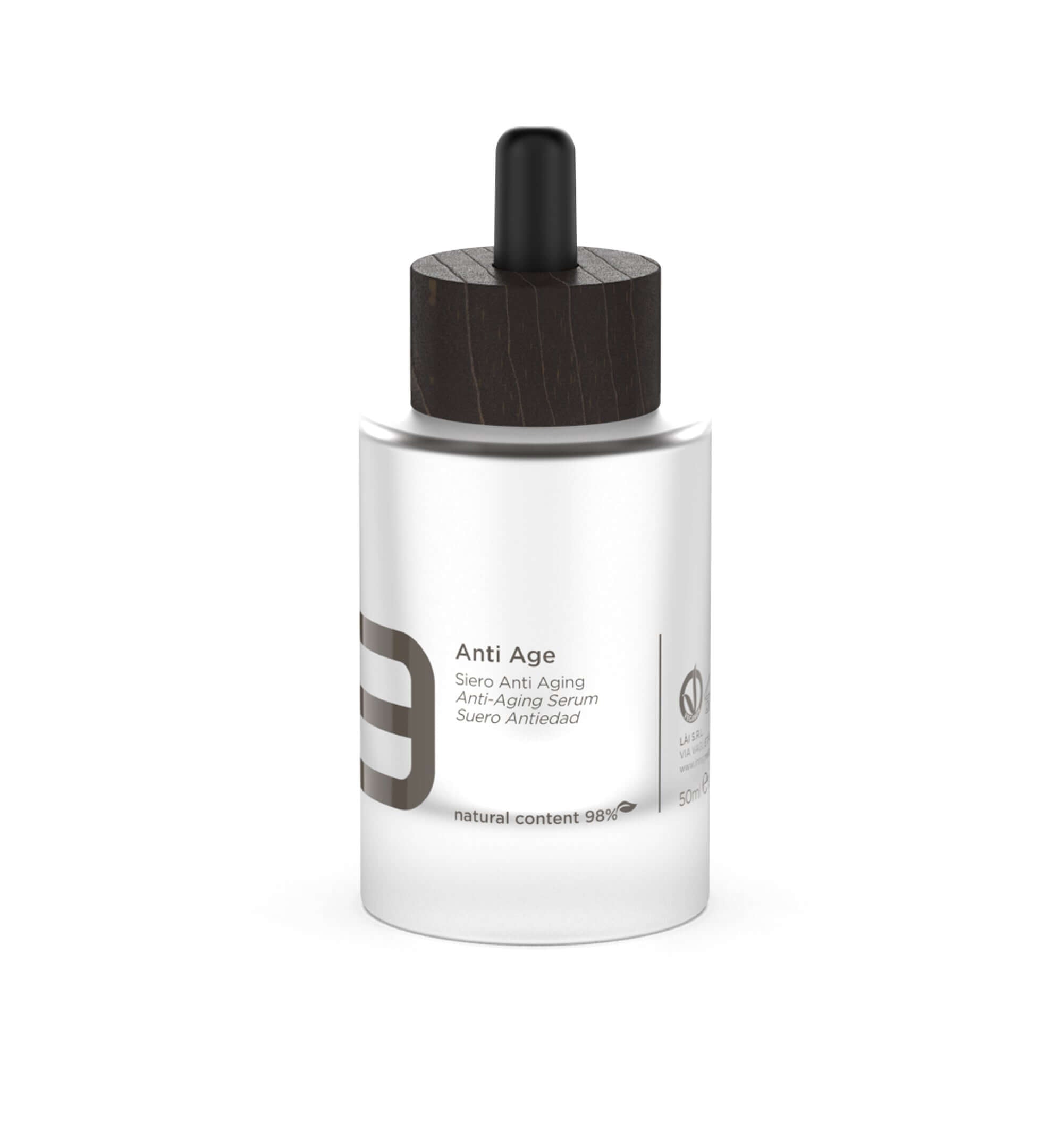 Siero Anti Aging serum bottle with dropper, 50 ml, featuring lifting and hydrating properties.