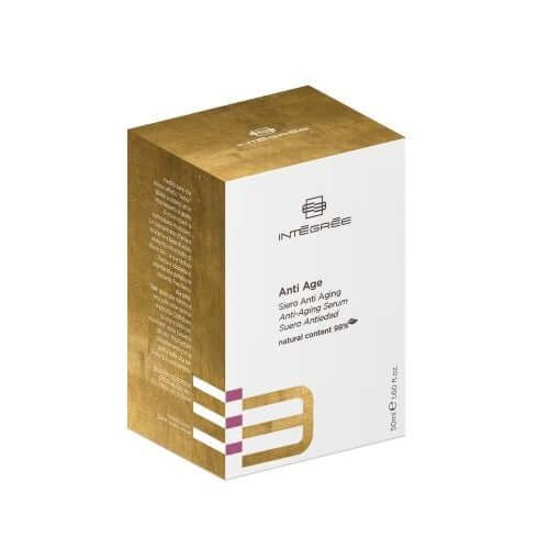 Siero Anti Aging box with sleek design and golden accents, showcasing effective anti-aging properties.