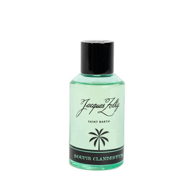 Soupir Clandestin Eau De Parfum in a 100ml bottle, featuring a tropical palm design and elegant black cap.