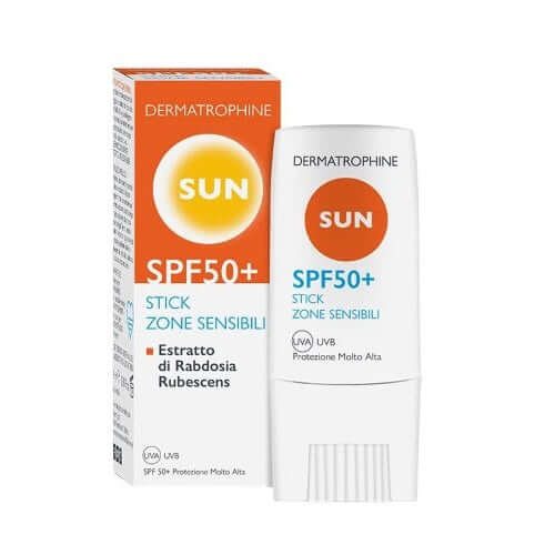 Stick solare SPF 50+ per zone sensibili, leggero, trasparente, ideale per la protezione del viso.