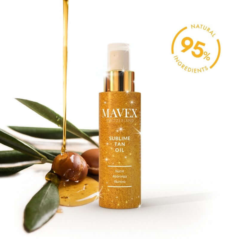 Mavex Sublime Tan Oil bottle with gold shimmer, showcasing natural tanning and skin nourishing properties.