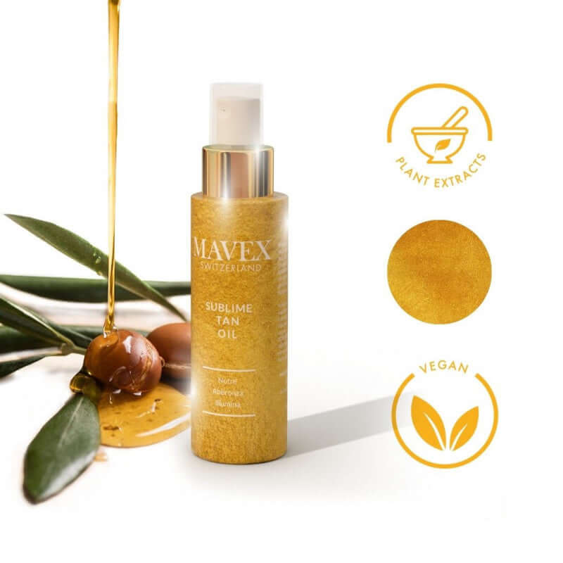Mavex Sublime Tan Oil for face, body, and hair, enriched with natural plant extracts and vegan formula, 100 ml.