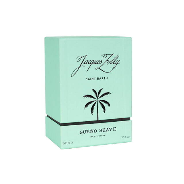 Sueno Suave Eau De Parfum by Jacques Foly, 100 ml, featuring a turquoise box with palm tree design.