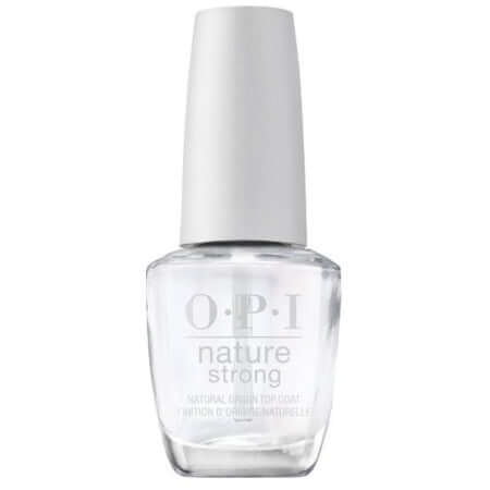 O.P.I. Nature Strong Top Coat in a clear bottle, vegan formula with 65% natural ingredients for quick drying and high shine.