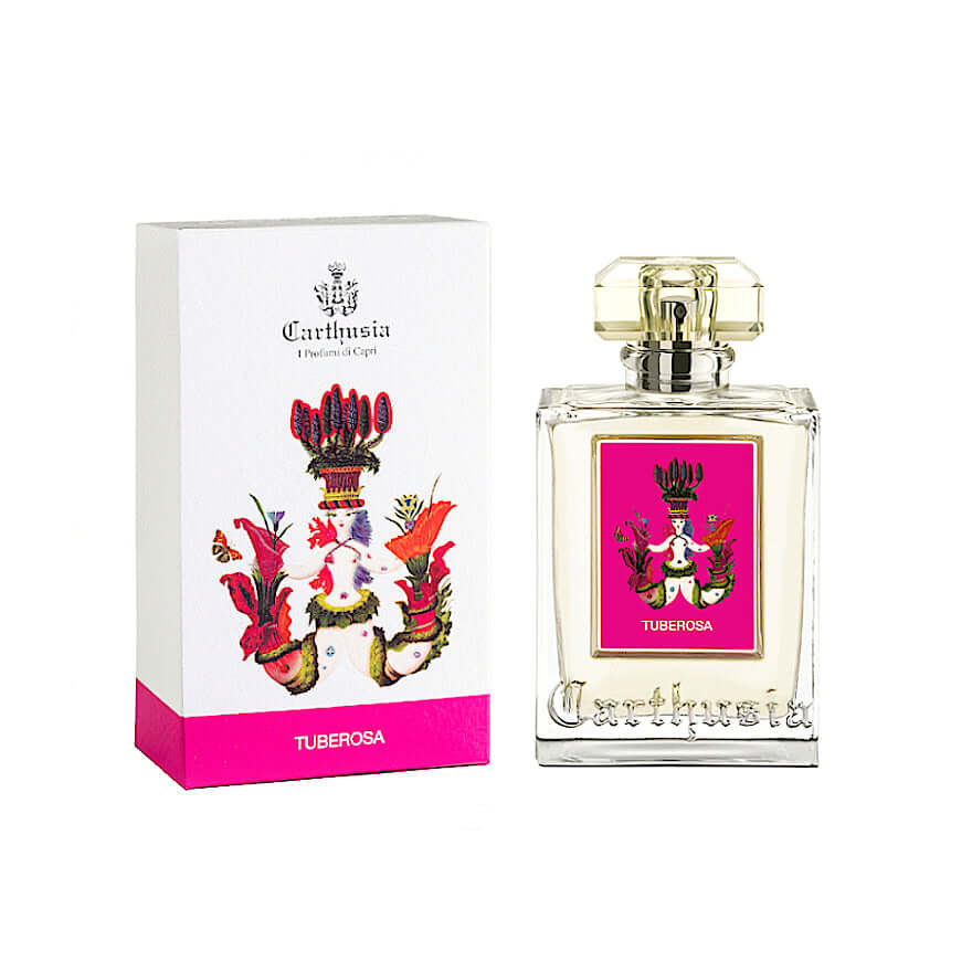 Tuberosa Eau De Parfum by Carthusia in a decorative bottle with a vibrant floral box, 100 ml.