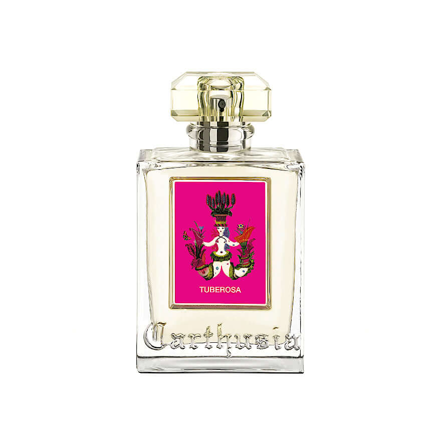 Tuberosa Eau De Parfum, 100ml bottle featuring vibrant pink label and elegant design, blending floral and warm notes.