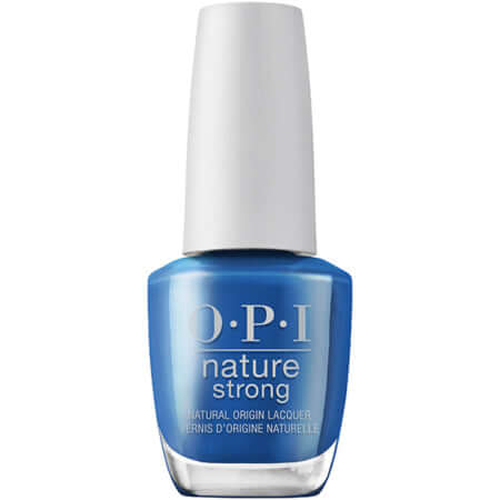 Blue vegan nail polish in a sleek bottle, featuring natural origin ingredients for healthy nails.