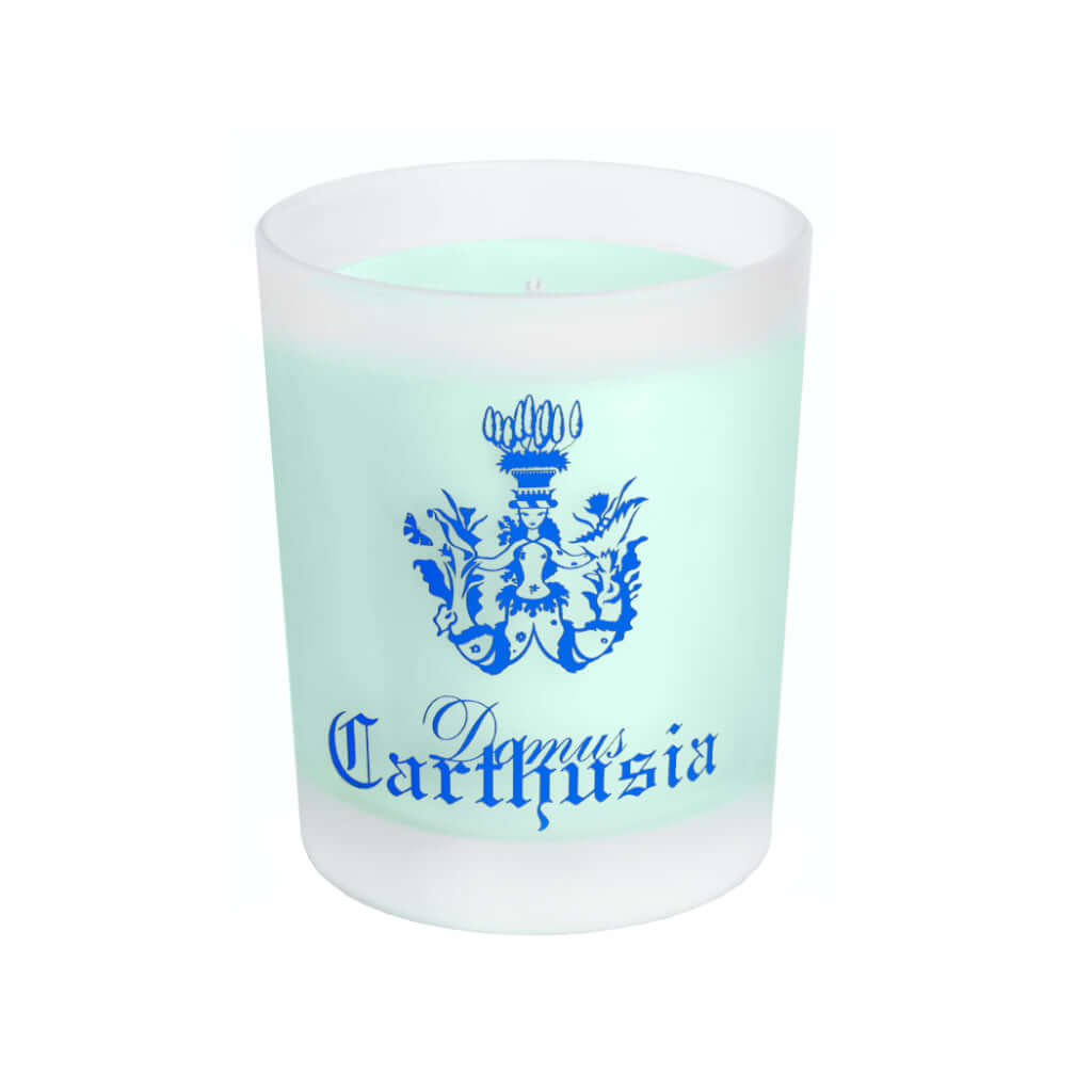 Candle in frosted glass with Carthusia logo, scented with Via Camerelle fragrance, perfect for home fragrance.