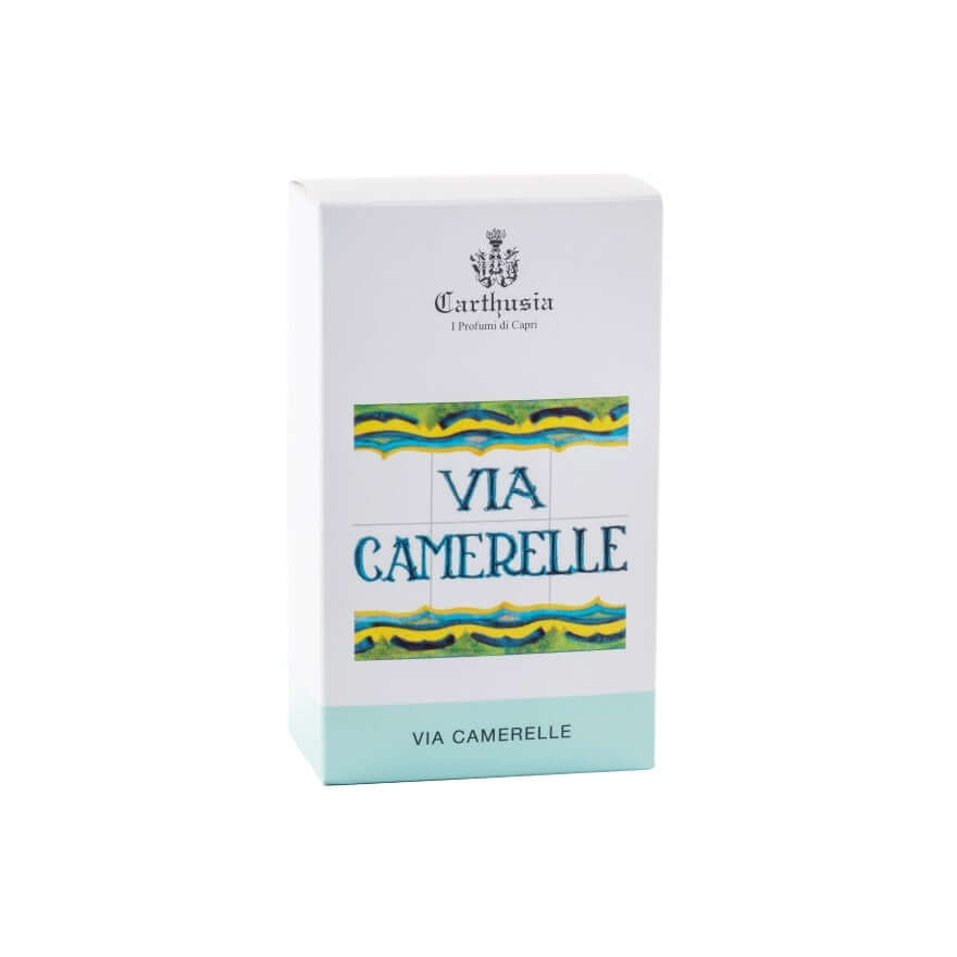 Via Camerelle Eau De Parfum packaging featuring vibrant colors and coastal design, evoking freshness and floral notes.