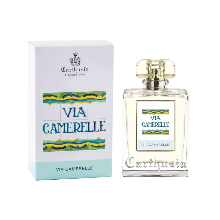 Via Camerelle Eau De Parfum by Carthusia in a box, showcasing citrus and marine fragrance celebrating island vibes.